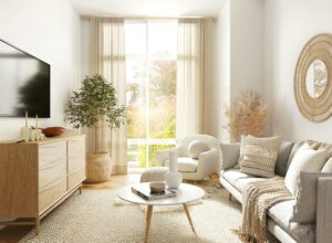 Salón luminoso de apartamento turístico preparado para recibir huéspedes